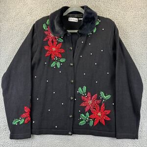 VTG 90s Womens Ugly Christmas Sweater Large Faux Fur Floral Beaded BP Design